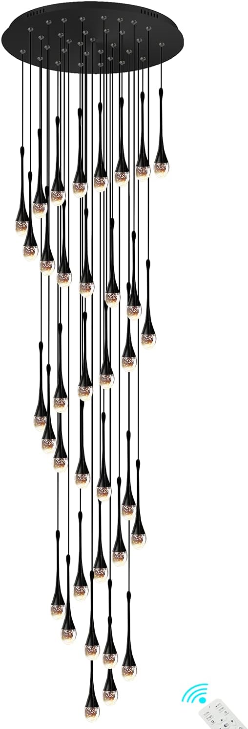 H150'' High Ceiling Chandeliers for Entryway 36-Lights Black Spiral Crystal Chandelier Modern Raindrop Chandeliers for Villa Staircase,Hanging Light Fixtures for High Ceiling