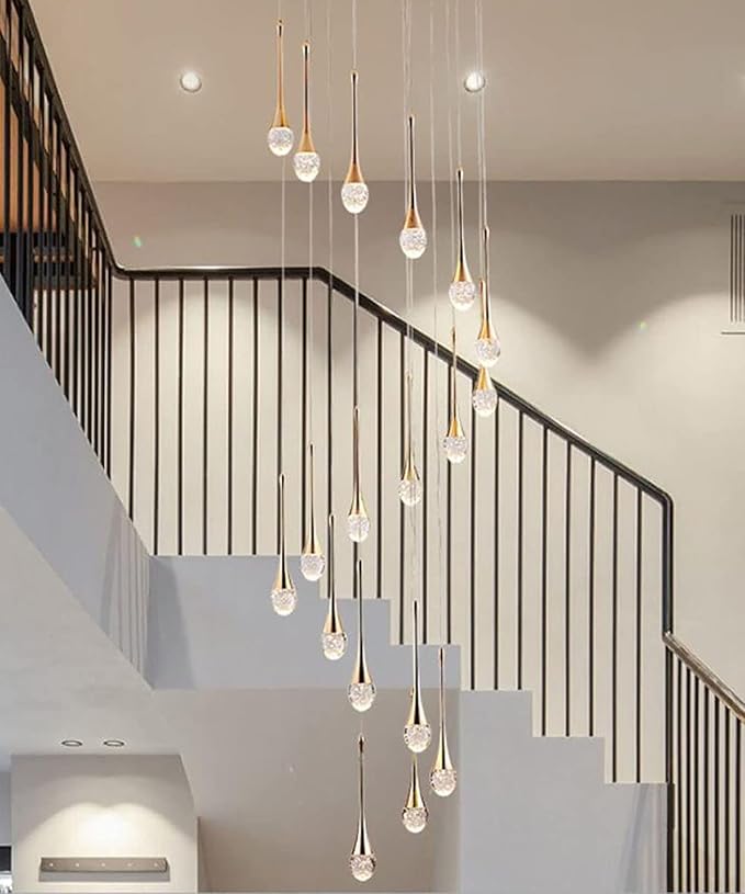 138'' Large Chandeliers for Living Room Modern Crystal Gold Chandeliers Spiral Staircase Pendant Light High Ceiling Lamp Fixture for Foyer Entrance Dimmable 2700-6000K