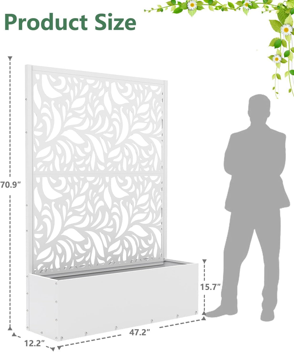 2PCS Metal Planter Box with Trellis,70.9"x47.2"x15.7" Raised Garden Bed with Drainage Holes, Privacy Planters for Outdoor Garden Bed for Climbing Plants,Vegetables,and Vines, White-Flower