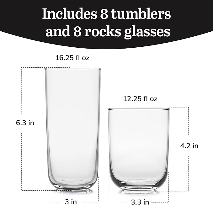 Libbey Polaris Tumbler and Rocks Glass Set, Elegant Drinkware Glasses Set, Lead-Free Tall Drinking Glasses with Modern Clean Lines, Dishwasher Safe Drinking Glasses Set of 16, Axis