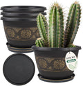 4 Pack 16 inch Plant Pots, Retro Pattern Planters with Drainage Holes and Saucer, Sturdy Plastic Garden Flower Pots for Indoor & Outdoor Plants