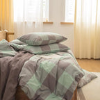 FACE TWO FACE Bedding Duvet Cover Set100% Washed Cotton Duvet Cover Linen Like Textured Breathable Durable Soft Comfy (Full, Light Green Grid)