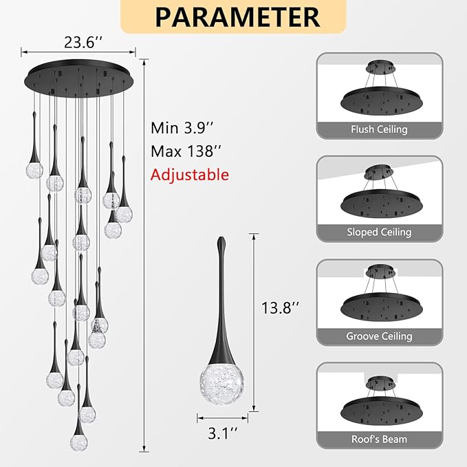 18 Light Modern Glam Crystal Chandelier for High Ceiling LED Dimmable Ceiling Pendant Light Staircase Foyer Enterway Living Room Chandelier Lighting Antique Black