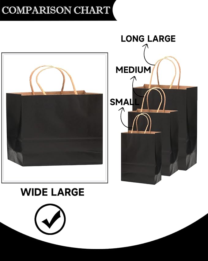 qiqee 50-Packs Black Paper Gift Bags with Handles Bulk 12.6"x4.3"x10" Wide Large Size Party Favor Bags Multiple Uses
