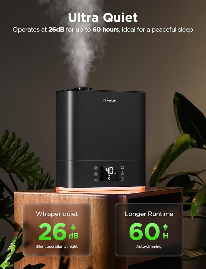 GoveeLife Smart Humidifiers for Bedroom Large Room, Top-Fill Cool Mist 6L WiFi Air Humidifier, Auto Mode, App & Voice Control, 60H Runtime, Rapid Humidification, RGB Nightlight Baby Plants, Black