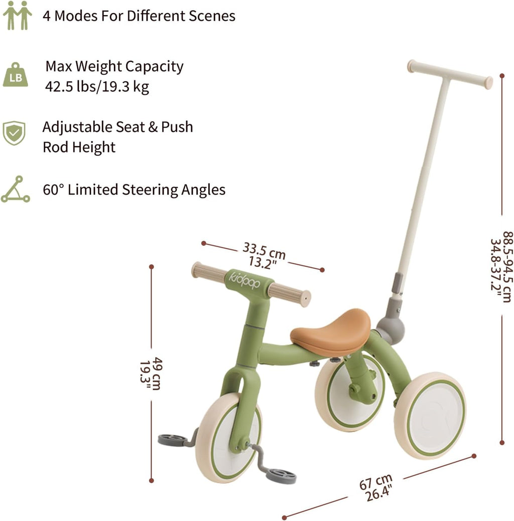 4-in-1 Toddler Tricycle with Adjustable Push Handle for 1-4 Year Old,Birthday Gift and Toy for Boys and Girls Removable Pedals Balance Bike&Scooter (Green)
