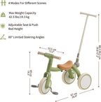 4-in-1 Toddler Tricycle with Adjustable Push Handle for 1-4 Year Old,Birthday Gift and Toy for Boys and Girls Removable Pedals Balance Bike&Scooter (Green)