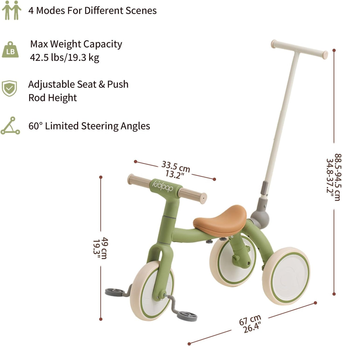 4-in-1 Toddler Tricycle with Adjustable Push Handle for 1-4 Year Old,Birthday Gift and Toy for Boys and Girls Removable Pedals Balance Bike&Scooter (Green)