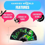Kandies World UV Reactive Custom Festival Folding Hand Fan - Unique Designs, Made of Bamboo, Clacking Sound, Lightweight - Perfect Rave and Festival Accessory!