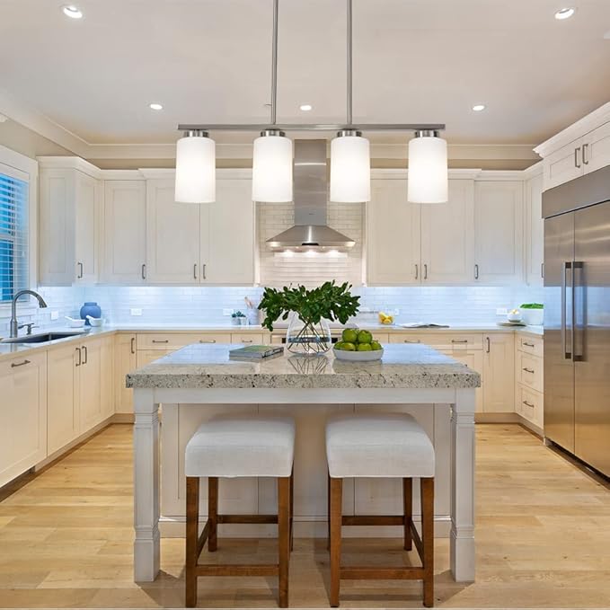 Brushed Nickel Kitchen Island Light, Farmhouse Pendant Light Fixtures with Opal White Glass Shades Modern Linear Ceiling Hanging Light for Living Room