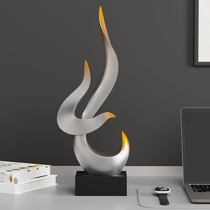 Silver Fire Flame Sculpture, Modern Abstract Resin Statue, Art Statue Home Decor for Living Room TV Stand Coffee Table Shelf Accents Decor