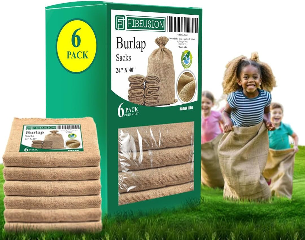 Heavy Duty Reusable Burlap Sacks (Set of 6) – 24" X 40" Perfect Sack Race Bags for Adults and Kids, Outdoor Lawn Games, Vegetable Storage & Gardening - 50lbs Capacity Potato Sacks