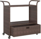 Outdoor Rolling Wicker Bar Cart with Drawer, Portable Bar Cart with Wheels, Patio Kitchen Island Cart for Pool Deck Backyard, Brown 39.4"x17.7"x38.2" Poly Rattan -459