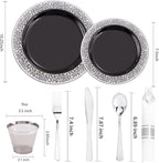 NOCCUR 210PCS Black and Silver Dinnerware Set for 30 Guests - Black Plastic Plates with Silver Rim Include 30 Dinner / 30 Dessert Plates, 30 Prewrapped Silverware, 30 Cups Ideal for Party, Halloween