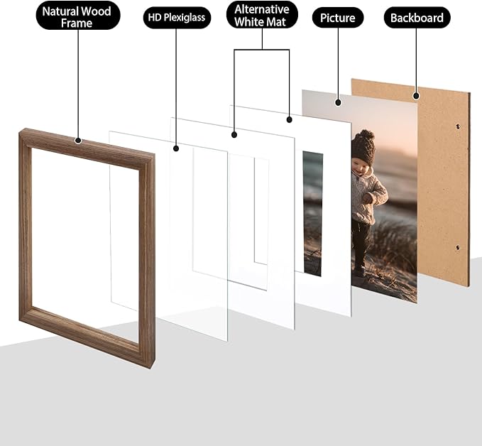 KINLINK 12x16 Picture Frame Rustic brown, Solid Wood Frames with Acrylic Plexiglass for Pictures 11x14/9x12 with Mat or 12x16 without Mat,Wall Display Photo Frame, Set of 4