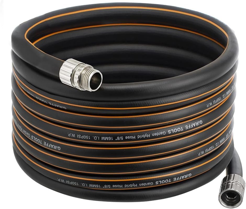 Giraffe Tools Garden Hose 50ft x 5/8", Custom Length, Heavy Duty, No Kink, Flexible, Rubber Garden Hose, Leakproof Water Hose with Male to Female Fittings, 600 Burst PSI