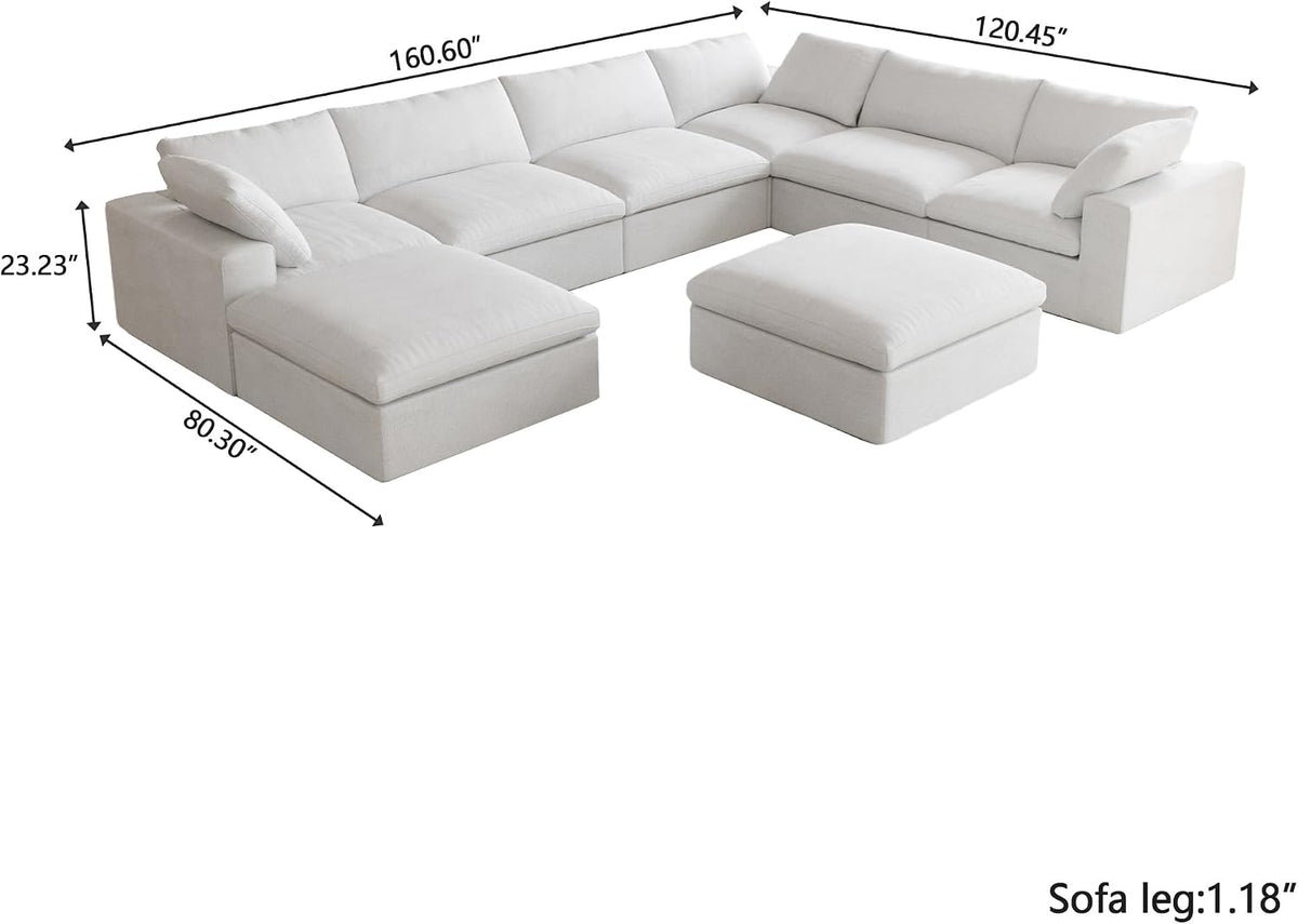 Cloud Modular Sectional Couch,160inch Overzised Down Filled Comfort Sofa Couch for Living Room,8 Seater Minimalist Wide Deep Seat Convertible Couches,Sofa Cover Washable & Removable,White