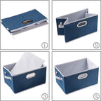 PRANDOM Larger Collapsible Storage Bins for Closet [3-Pack] Decorative Linen Fabric Storage Baskets Cubes with Leather/Metal Handles for Living Room Royal Blue (17.3x12.2x10.4 Inch)