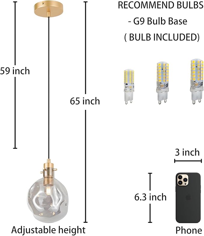 Pendant Lights Kitchen Island Organic Globe Smoky Color Modern Blown Glass Kit Adjustable Cord Hanging Light Fixtures Table Bar Dining Room Counter Bedroom Diameter 5.9 Inch