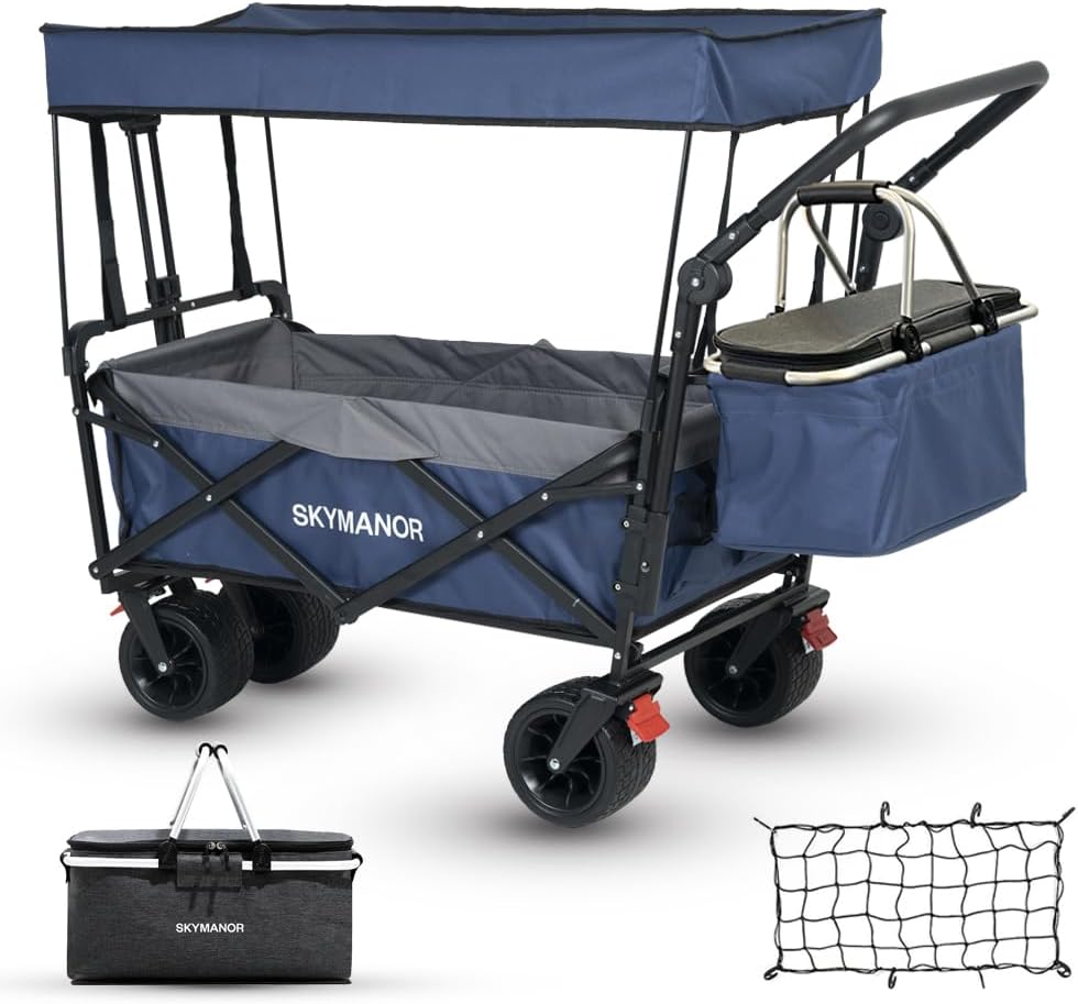 SKYMANOR Collapsible Wagon with Removable Canopy, 3-in-1 Heavy Duty Garden Cart with Big All-Terrain Wheels, Brakes, Adjustable Push Pull Handle, Cooler Bag, 300LBS Wagon Cart for Camping (Blue)