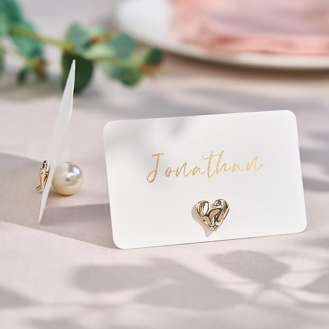 UNIQOOO 12Pcs Decorative Gold Love Heart Place Card Holders Bulk, Romantic Name Card Stands Set, for Wedding Engagement Decor, Table Setting, Business Card, Name Tag, Party Food Labels