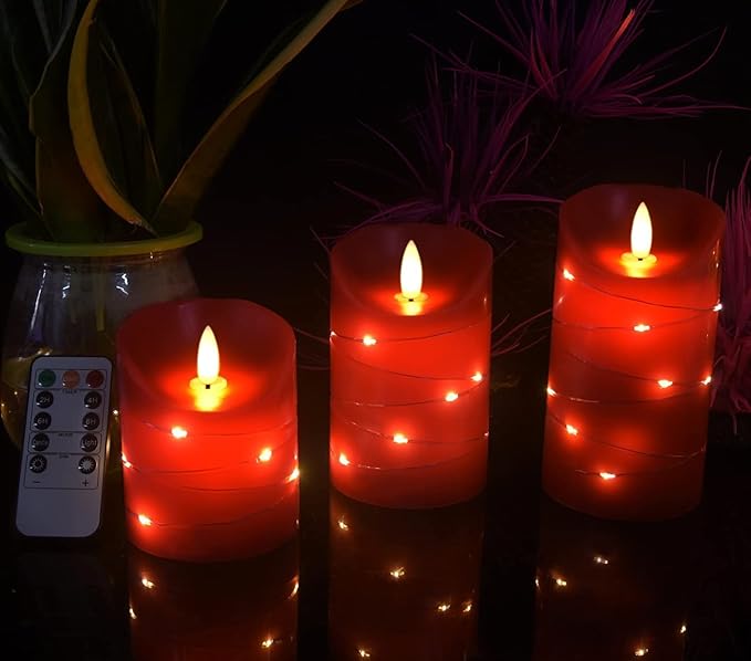 danip red LED flameless Candle with Embedded Star String, 3-Piece Set of LED Candles, with 11 Button Remote Control, 24-Hour Timer Function, Dancing Flames, Real Wax, Battery Powered. (Red)