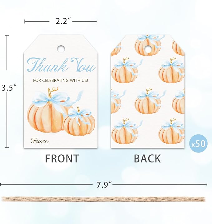 50pcs Little Pumpkin Thank You Tags, Pumpkin Bow Fall Theme Favor Tags for Boy Coquette Baby Shower and Birthday Party Gift Wrapping Decoration (Blue Bow)