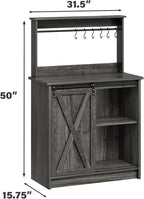 4ever2buy Farmhouse Coffee Bar Cabinet with Storage, Grey Coffee Bar with 6 Hooks, Buffet Table with Sliding Barn Door, Wine Bar Cabinet with Adjustable Shelf for Living Dining Roome