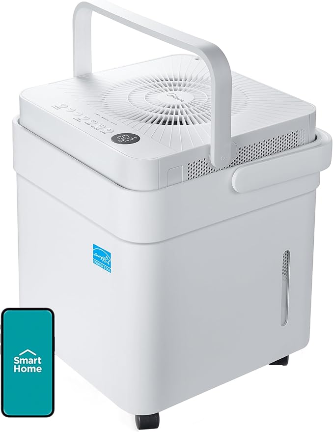 Midea Cube 50 Pint Dehumidifier for Basement and Rooms at Home for up to 4,500 Sq. Ft., Smart Control, Compatible with Alexa (White), Drain Hose Included, ENERGY STAR Most Efficient 2023