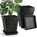 BTPLASTIK Plant Pots 10 Inch Set of 5, Large Square Plastic Planter with Drainage & Saucer, 5 Gallon Thick Outdoor Garden Pots Container for Outdoor Indoor, Flower Pots Planters