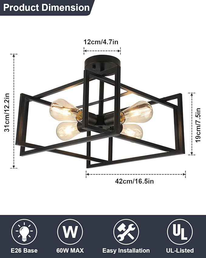 WILON Black Ceiling Light Fixture, 4-Light Farmhouse Light Fixtures Ceiling Mount, Modern Square Semi Flush Chandelier Ceiling Lamp for Kitchen Dining Room Bedroom Laundry Room Living Room