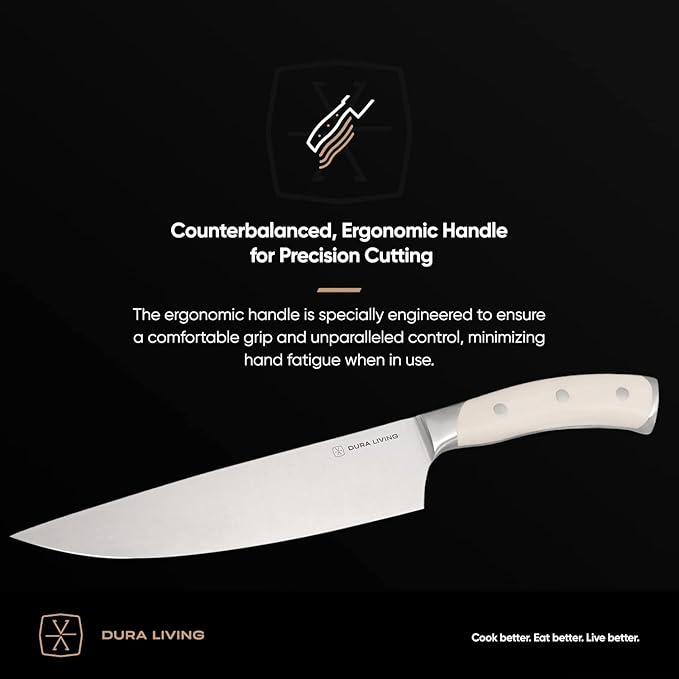 8-Inch Chef Knife – Ultra-Sharp German High Carbon Stainless Steel, Full Tang, Ergonomic Handle, Multipurpose Kitchen Knife for Chopping, Slicing, and Dicing, Cream