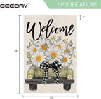 GEEORY Daisy Eucalyptus Truck Welcome Garden Flag 12x18 Inch, Double Sided Spring Summer Small Floral Flag, Farmhouse Rustic Outdoor Outside Yard Lawn Decoration