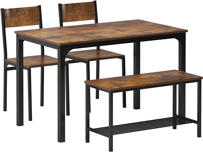 soges 4 Pieces Dining Table Set, 43.3 inch Kitchen Table Set for 4, Dining Set with 2 Chairs and Bench with Storage Rack, Nesting Furniture Set for Dining Room, Kitchen, Restaurant, Rustic Brown