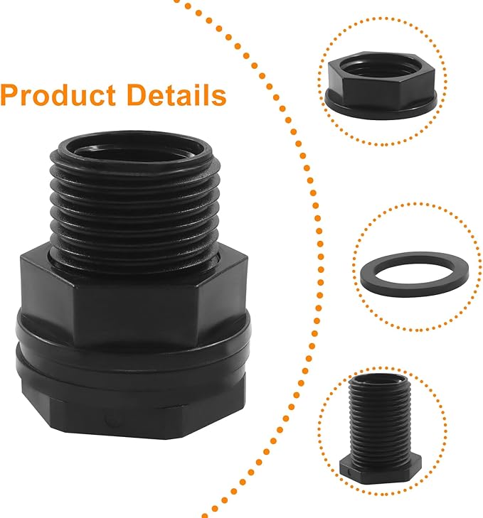 BokWin 4 Pack Garden Hose Bulkhead Fitting, Double Threaded Bulkhead Tank Fitting, 1/2 Inch Female NPT x 3/4 Inch Male Threaded Connector, Black, for Rain Barrels, Aquariums, Tubs, Pools, Spigot Use