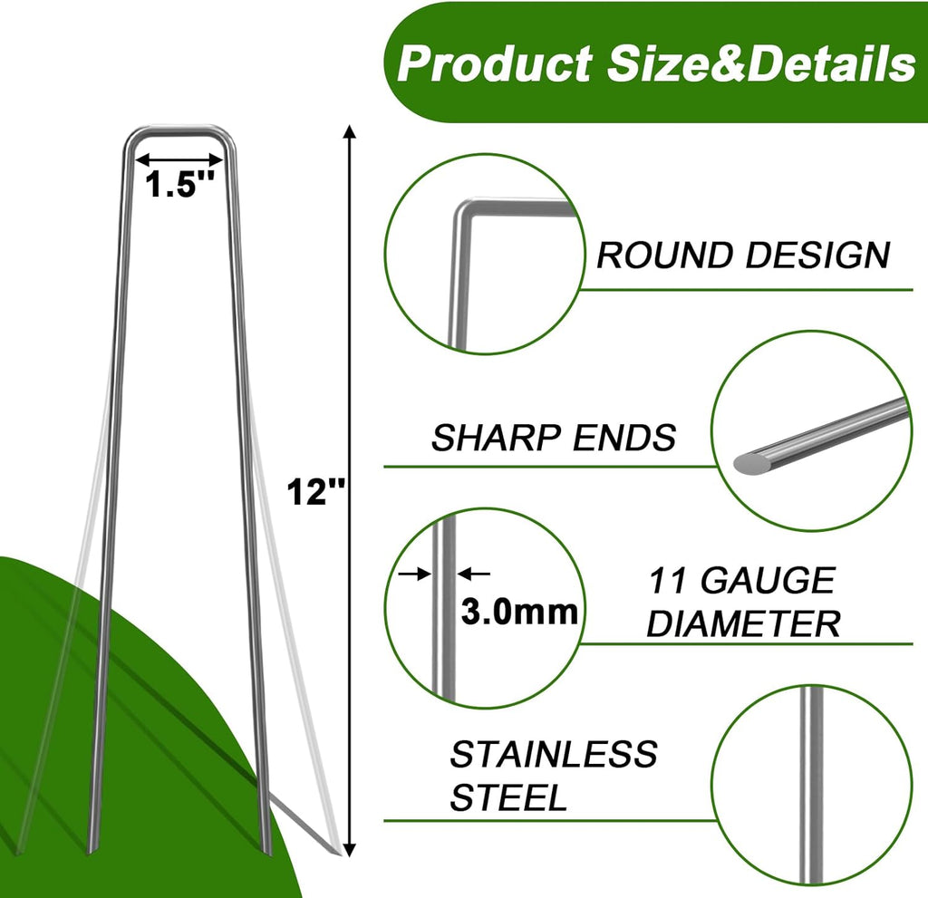 AAGUT 12 Inch Garden Stakes Landscape Staples, 25 Pcs U Shaped 11 Gauge Galvanized Pins Metal Fence Ground Stakes for Gardening, Chicken Wire, Irrigation Tubing, Camping Tent, Secure Lawn Fabric