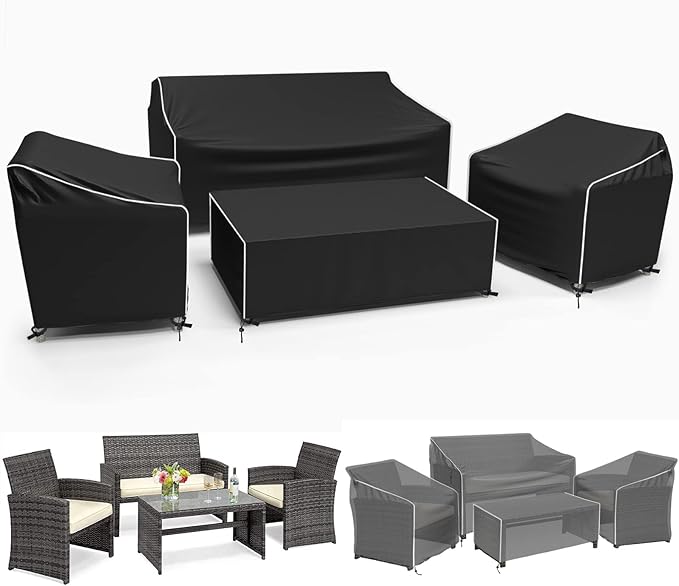Gasadar Outdoor Furniture Cover Waterproof, 4 Piece Patio Furniture Covers for Patio Loveseat, Chair and Coffee Table, Heavy Duty 600D, Black