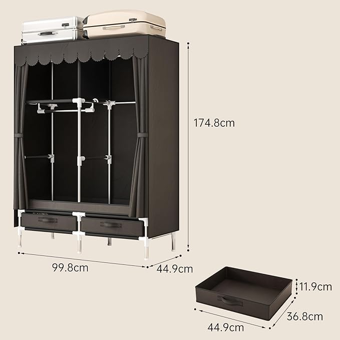 Small Portable Cloth Wardrobe Closet for Hanging Clothes with 2 Drawers,Brown Armoire with 2 Hanging Rods,Clothes Rack Storage Organizer with Non Woven Fabric Cover,for Bedroom