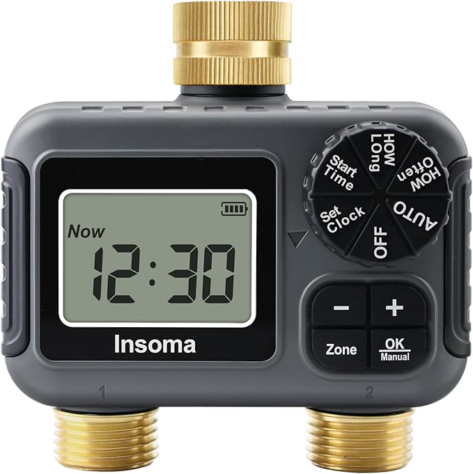 Insoma 2-Zone Water Timer Brass Inlet/Outlet, Programmable Outdoor Hose Faucet Timers with Auto/Manual Modes + Rain Delay, Waterproof Sprinkler Timer for Garden, Lawn, Yard, Pool | Save Water & Money