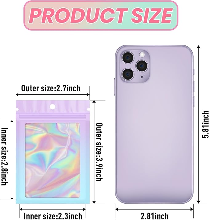Funfery 100 Pack Gradient Holographic Bags,2.7×3.9In Mylar Resealable Bags with Zipper,Clear Window Packaging Pouch,Smell Proof Foil Bag for Food Storage,Sample Jewelry Baggies(Purple Blue)