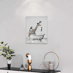 Funny Giraffe And Penguin Bathroom Wall Art - Kids Bathroom Wall Decor Animals In Bathtub Canvas Prints Artwork Paintings - Framed