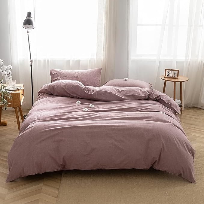 Face Two Face Bedding Duvet Cover Set 3 Pieces 100% Washed Cotton Duvet Cover Linen Like Textured Breathable Durable Soft Comfy (California King, Purple Bean Paste)