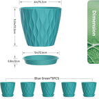 6 inch Flower Pots, 5 Pack Plant Pots for Indoor Plants, Water Ripples Plastic Planters with Drainage Holes and Saucers, Nursery Pots for Small Succulent Garden House Plants, Blue Green