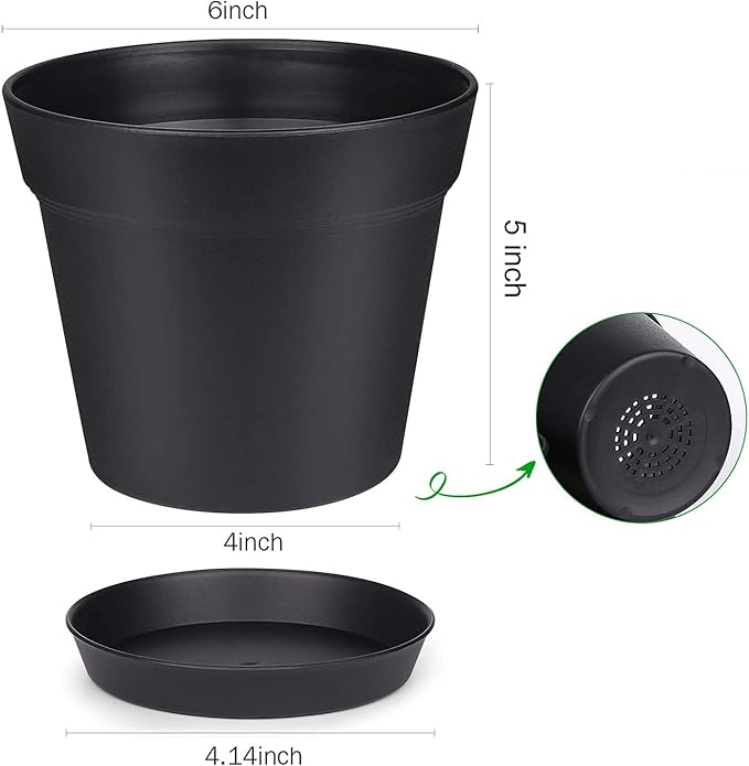 homenote Pots for Plants, 15 Pack 6 Inch Plastic Planters with Multiple Drainage Holes and Tray,Plant Pots for All Home Garden Flowers Succulents (Black)