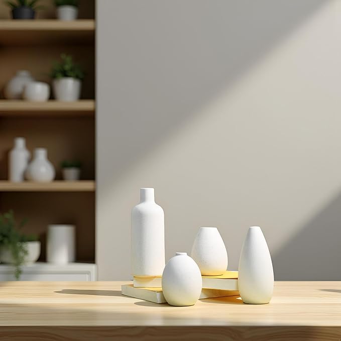 Vase Set of 4,White Decorative Vases for Home Decor,Bedroom,Farmhouse,Study Room,Living Room Decor Ceramic Small Vases Modern Dry Flower Vase