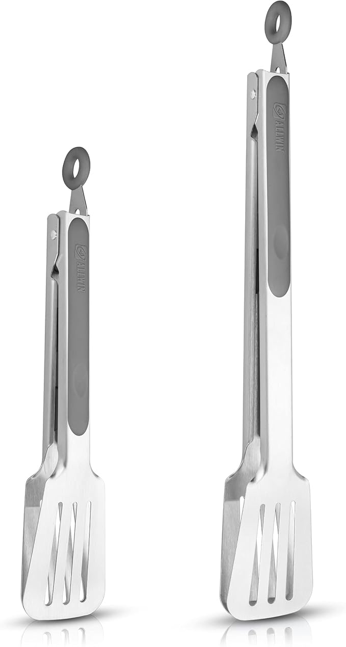 Premium 304 Stainless Steel Barbecue Turners, Heavy Duty Non-Stick BBQ Cooking Kitchen Tongs, 9" and 12" Grey