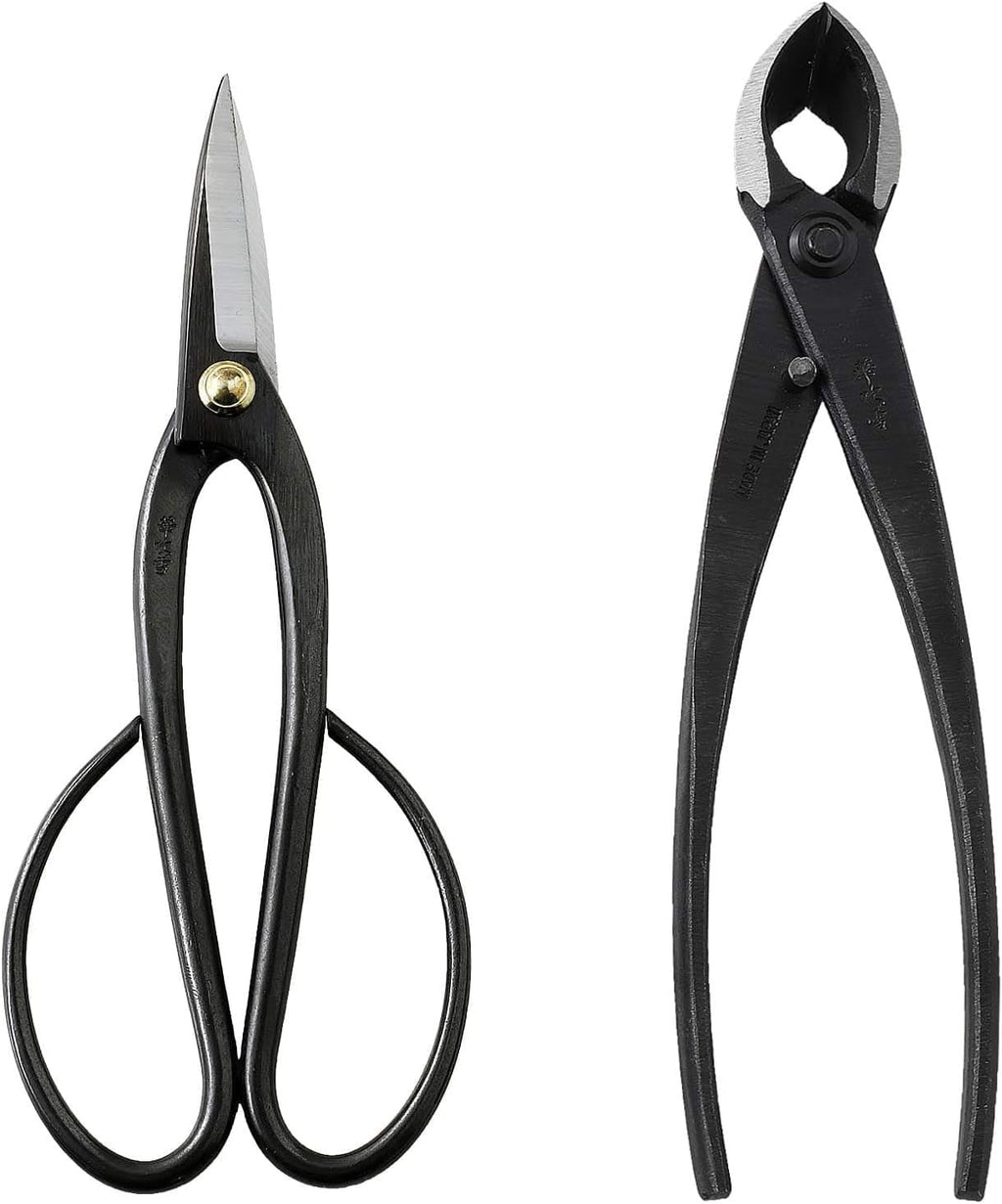 Wazakura Japanese Bonsai Tool Kit Set MADE IN JAPAN, Long Handle Ashinaga Scissors 8inch(200mm) + Concave Branch Cutter 8inch(200mm)