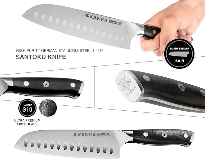 KANKA Santoku Knife - Ultra Sharp 7 inch German Stainless Steel, G10 Black Fiberglass Handle, Japanese Chefs Knife