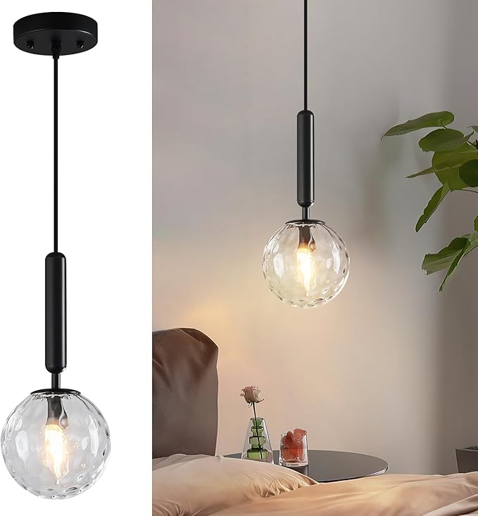 Modern Black Pendant Light Hanging Fixture Light for Kitchen Island Mid Century with Globe Pendant Light Clear Glass Pendant Lighting for Living Room Bedroom Entryway (1 Pack)