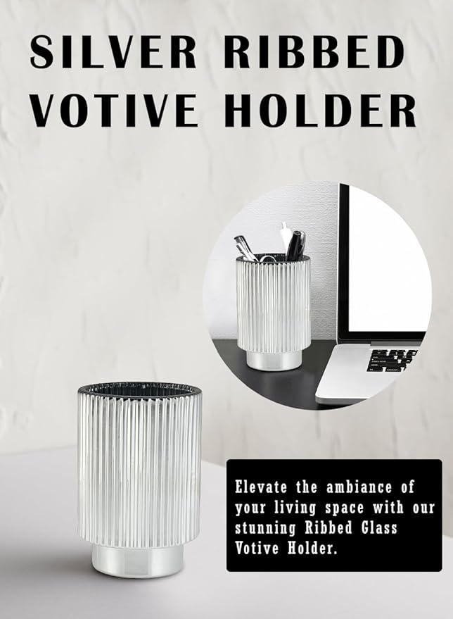 Serene Spaces Living Silver Ribbed Pedestal Glass Votive Holder, Table Centerpiece, Home, Office, Wedding, Birthday, Holiday & Special Events Decor, 3.5" Diameter & 5" Tall, Pack of 24